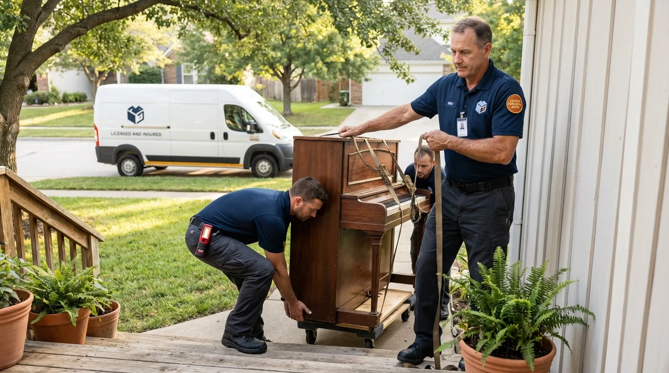 Licensed piano movers securing grand piano in Mount Vernon, IL